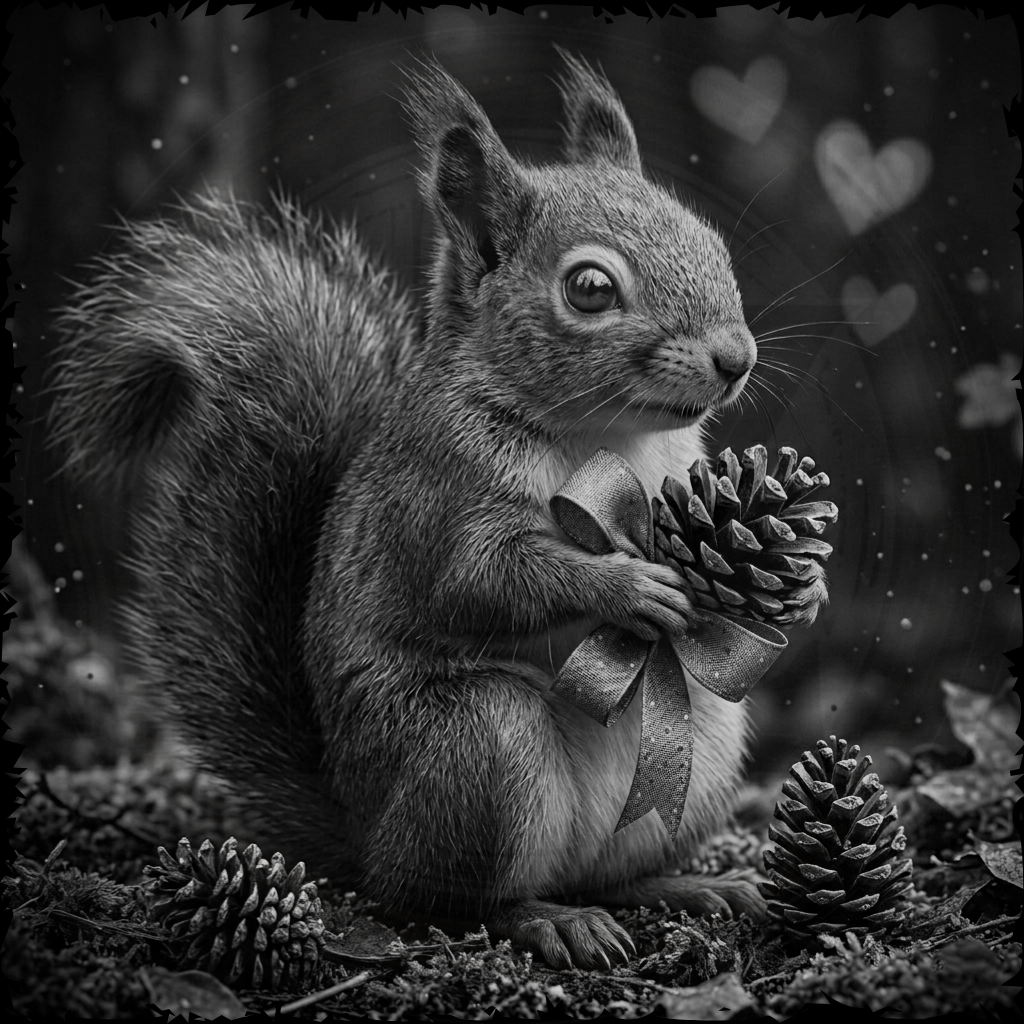 Squirrel holding a pine cone with a heart-shaped background