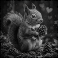 Squirrel holding a pine cone with a heart-shaped background