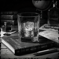 Glass with ice cubes on an open book, surrounded by vintage items including a bottle, globe, and inkwell.