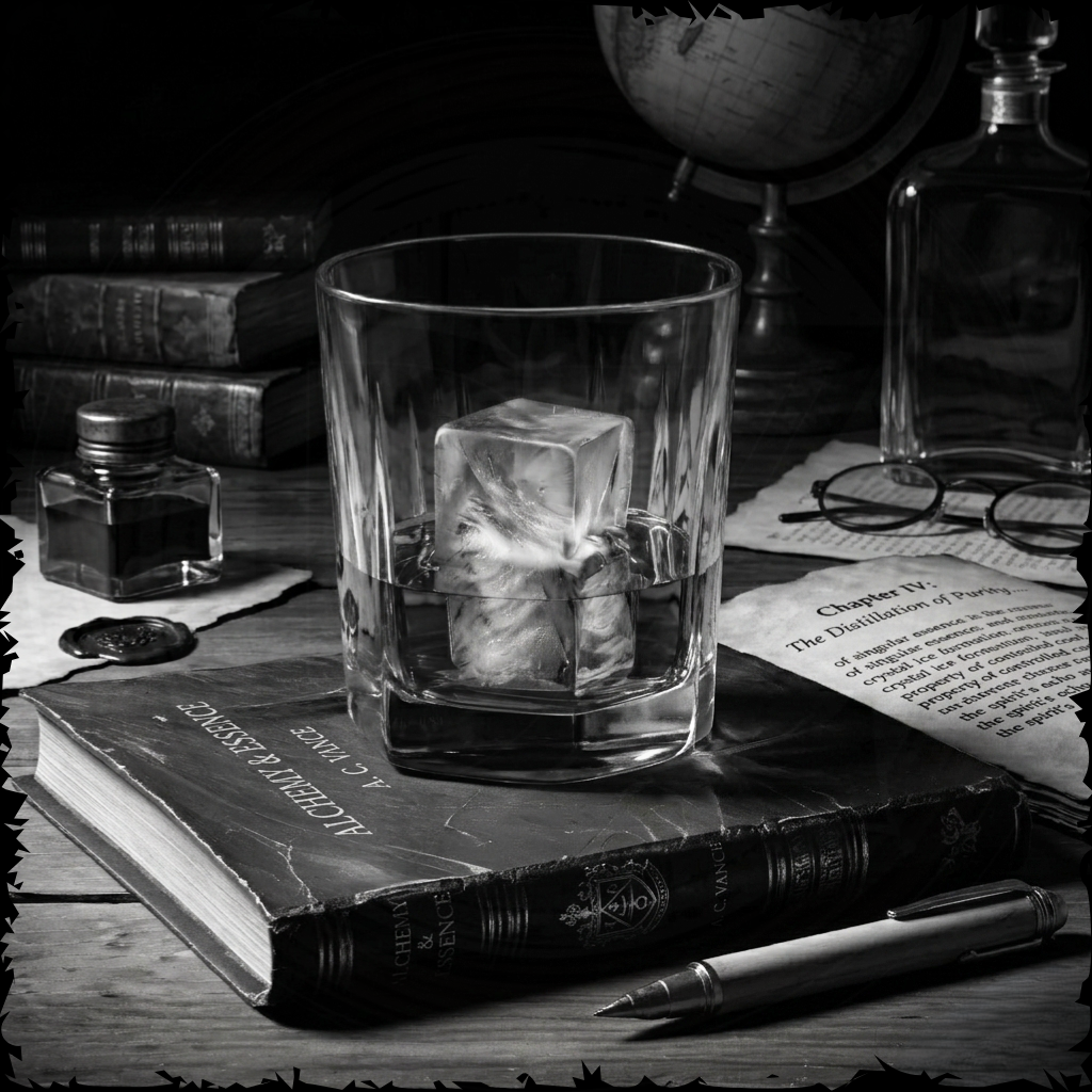 Glass with ice cubes on an open book, surrounded by vintage items including a bottle, globe, and inkwell.