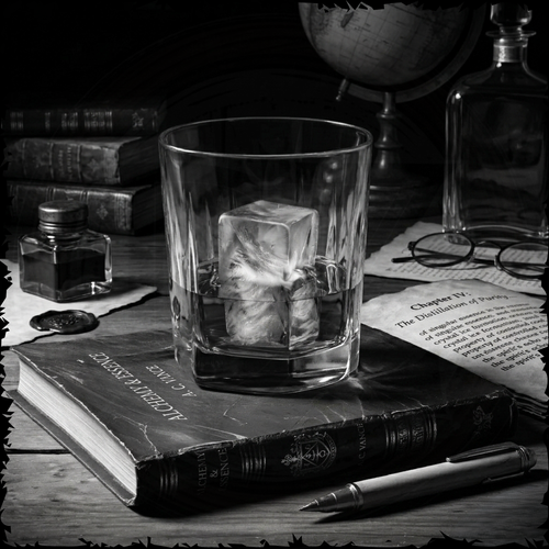 Glass with ice cubes on an open book, surrounded by vintage items including a bottle, globe, and inkwell.