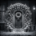 Decorative winter scene with a door surrounded by festive wreaths and ornaments.