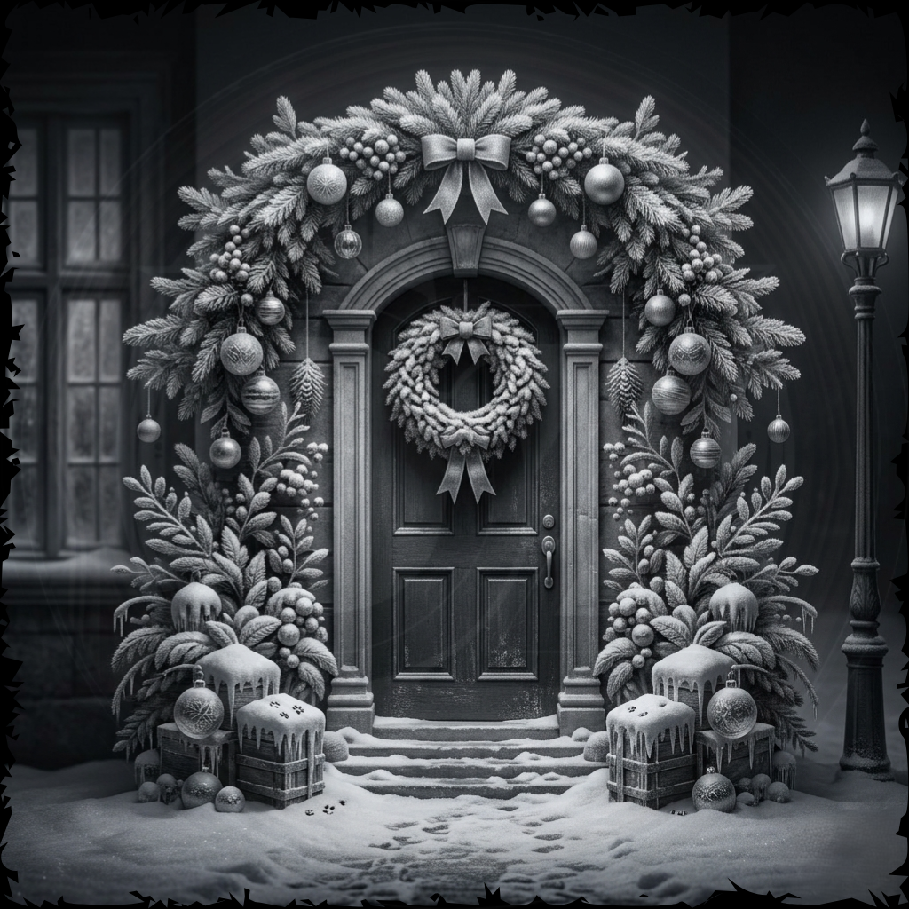 Decorative winter scene with a door surrounded by festive wreaths and ornaments.