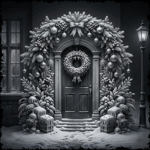 Decorative winter scene with a door surrounded by festive wreaths and ornaments.