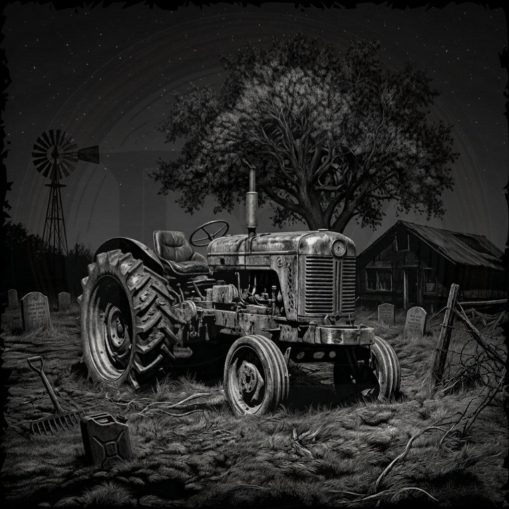 Vintage tractor in a field with a windmill and barn in the background