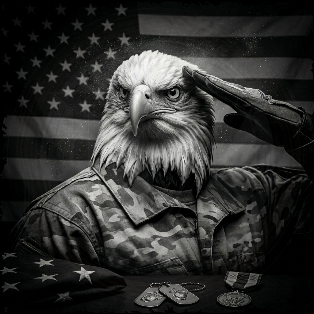 Eagle in military uniform saluting with American flag in background