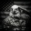 Eagle in military uniform saluting with American flag in background