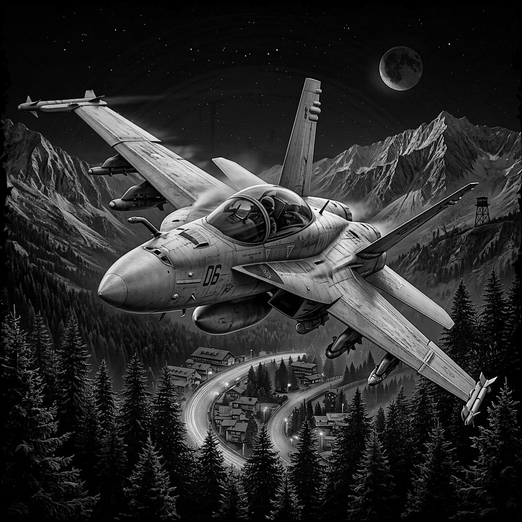 F-18 Hornet fighter jet flying over a mountainous landscape with a town below.