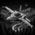 F-18 Hornet fighter jet flying over a mountainous landscape with a town below.
