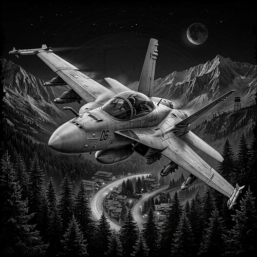 F-18 Hornet fighter jet flying over a mountainous landscape with a town below.