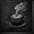Black and white illustration of a steaming coffee cup on a textured background