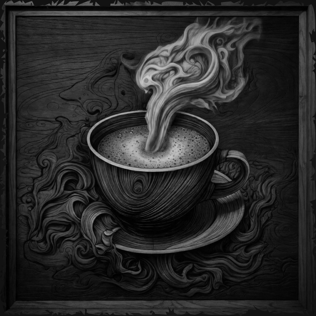 Black and white illustration of a steaming coffee cup on a textured background
