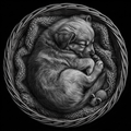 Sleeping dog curled up in a basket with a ball of yarn on a textured fabric background
