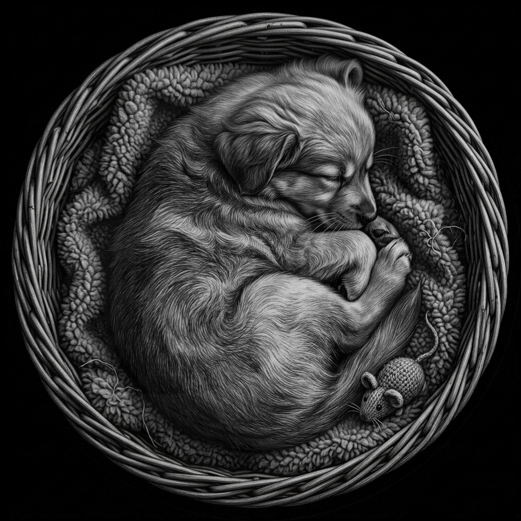 Sleeping dog curled up in a basket with a ball of yarn on a textured fabric background