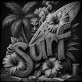 Black and white illustration with 'Surf' text, tropical elements, and a smoking mask.