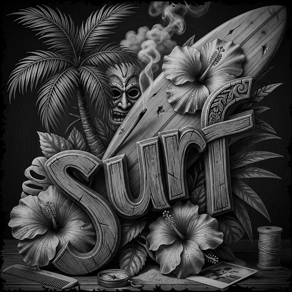 Black and white illustration with 'Surf' text, tropical elements, and a smoking mask.
