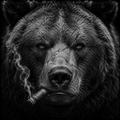 Black and white bear smoking a cigar with smoke curling from its mouth.