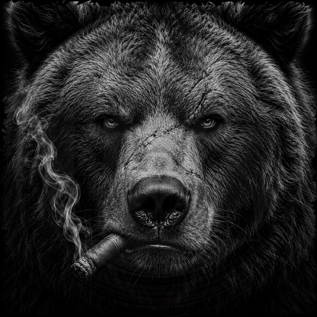 Black and white bear smoking a cigar with smoke curling from its mouth.