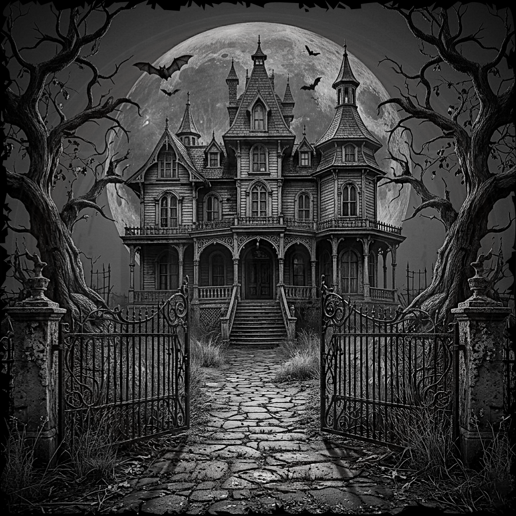 Illustration of a haunted house with a full moon and bats, surrounded by trees and an iron gate.