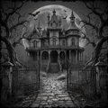 Illustration of a haunted house with a full moon and bats, surrounded by trees and an iron gate.