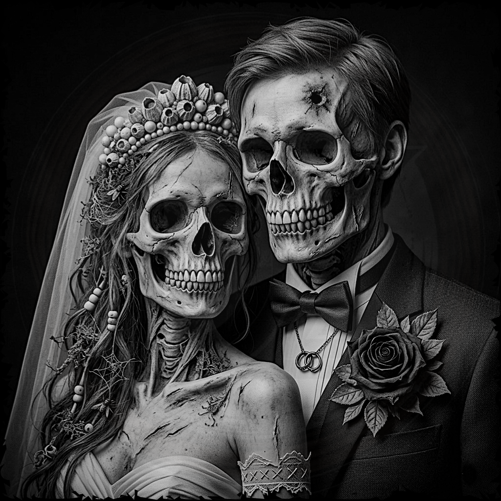 Black and white artistic depiction of a skeleton bride and groom against a dark background.
