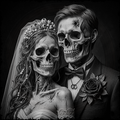 Black and white artistic depiction of a skeleton bride and groom against a dark background.
