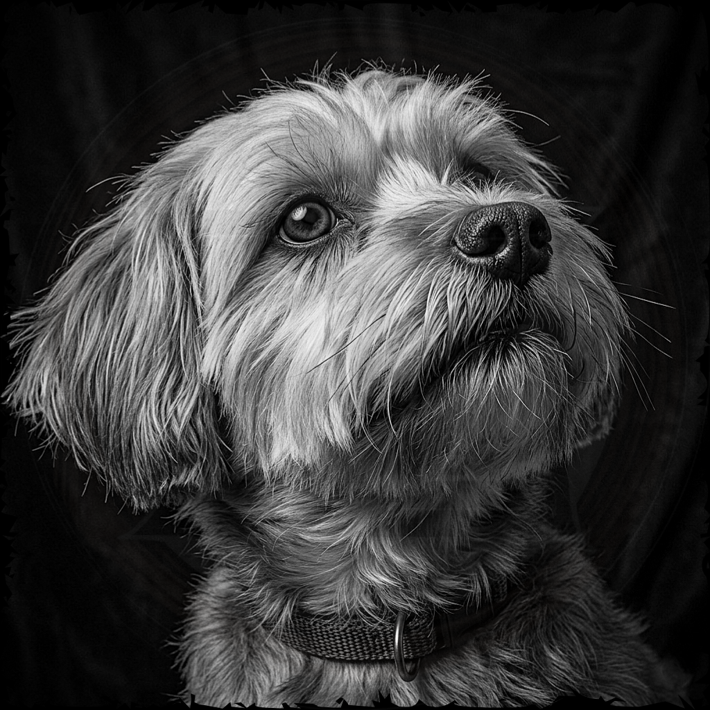 Black and white portrait of a dog with a dark background