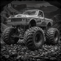 Monster truck on a rocky landscape with mountains in the background