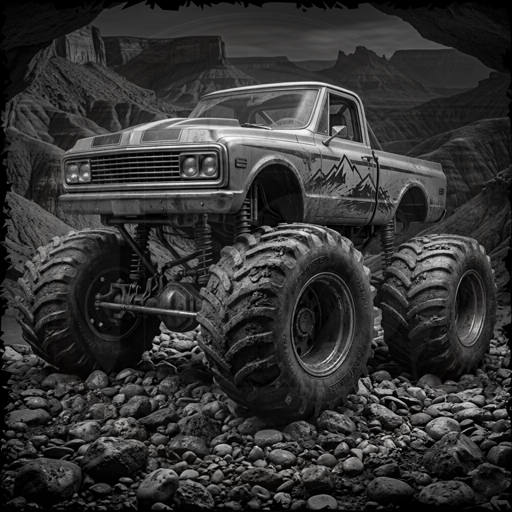 Monster truck on a rocky landscape with mountains in the background