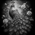 Black and white illustration of a peacock among roses