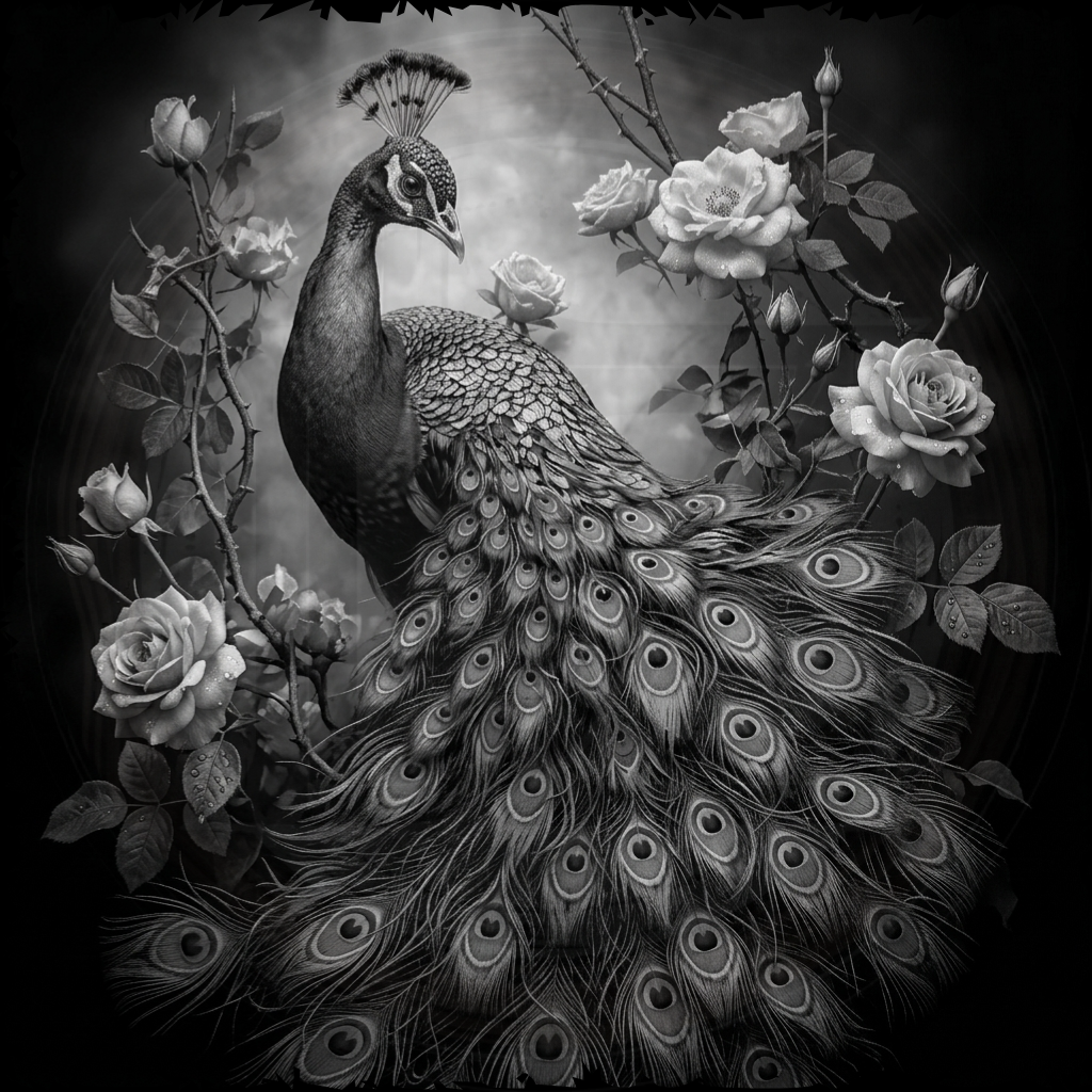 Black and white illustration of a peacock among roses