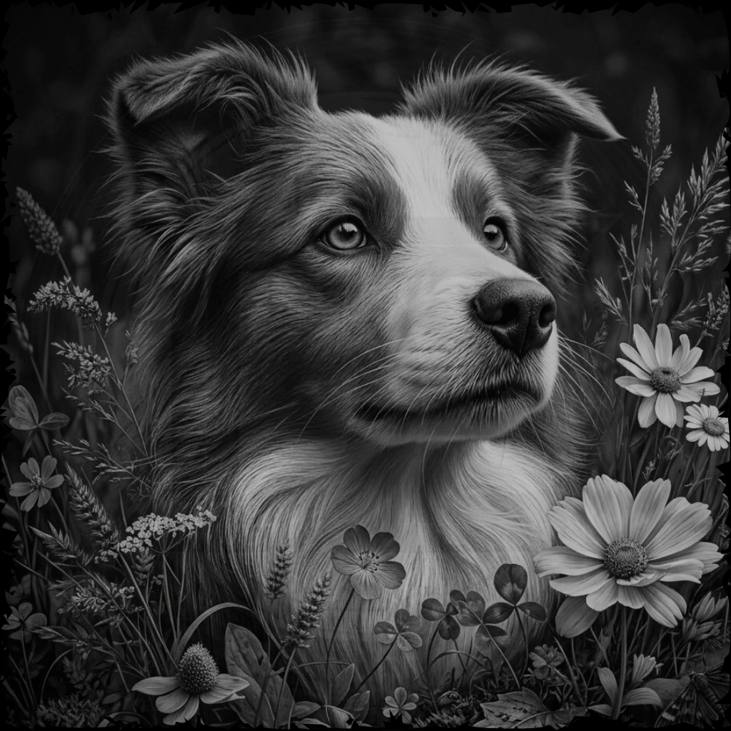 Dog surrounded by flowers in a black and white illustration style