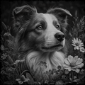 Dog surrounded by flowers in a black and white illustration style