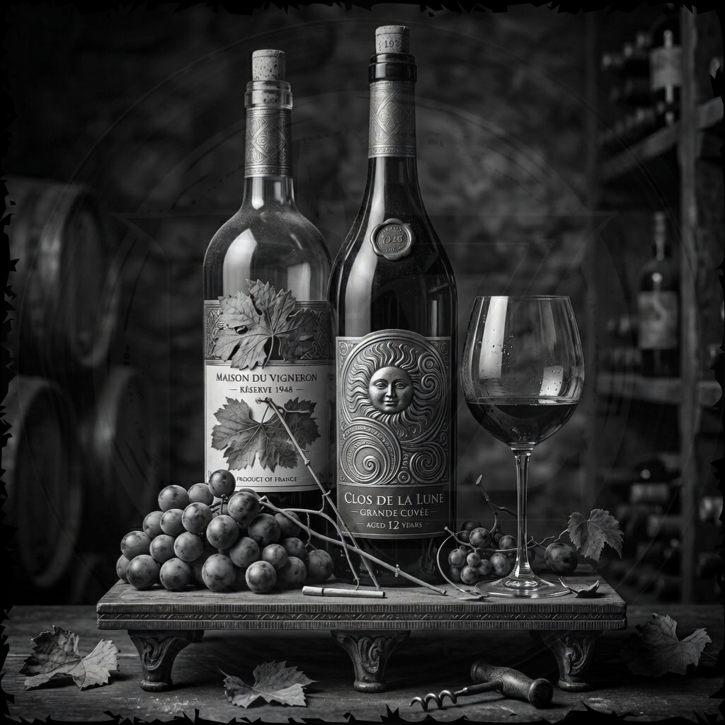 Two wine bottles with labels, a glass of red wine, and grapes on a wooden stand in a wine cellar setting.