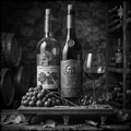 Two wine bottles with labels, a glass of red wine, and grapes on a wooden stand in a wine cellar setting.