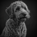 Black and white portrait of a dog with a dark background