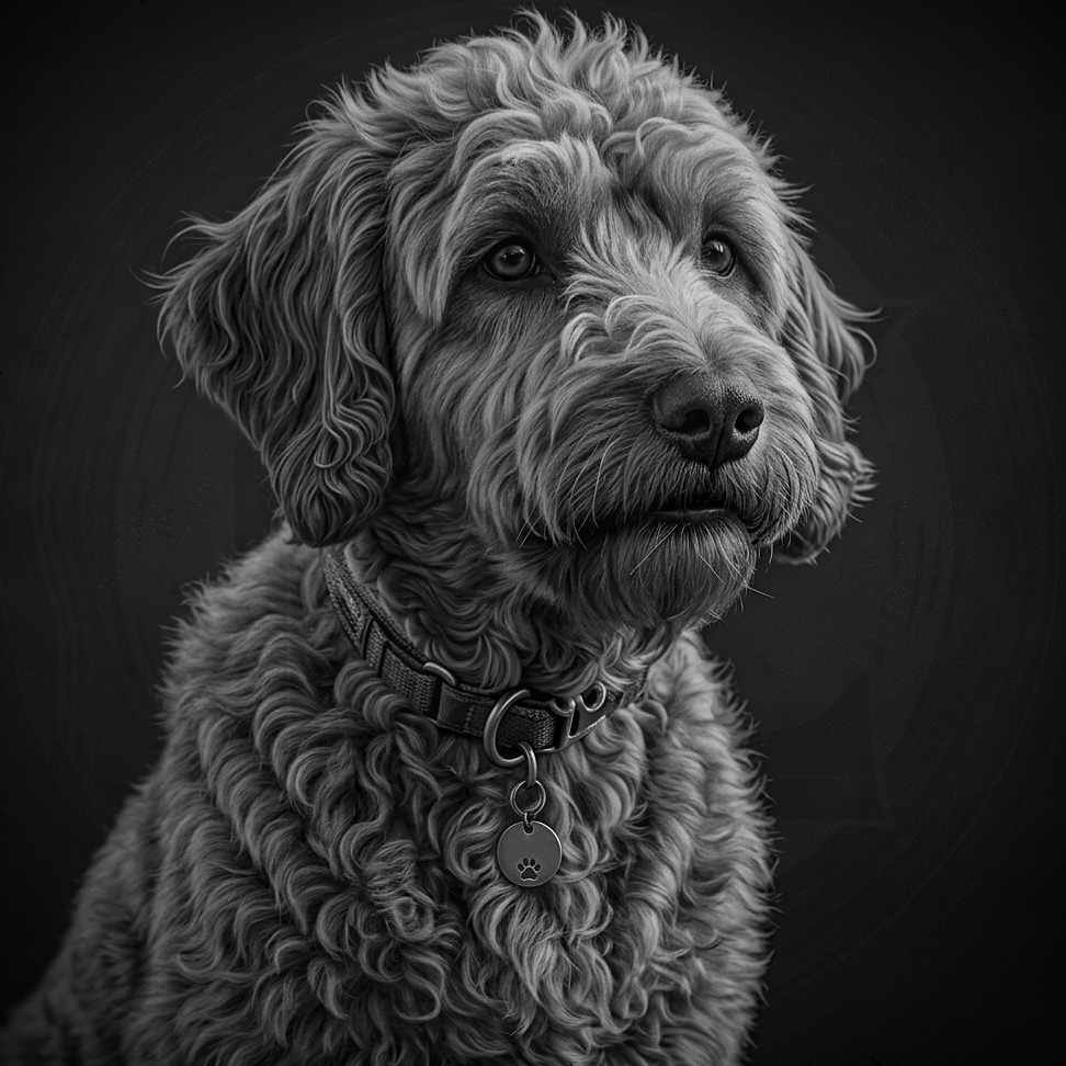 Black and white portrait of a dog with a dark background