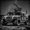 Military vehicle with an American flag on a rocky terrain under a starry sky.