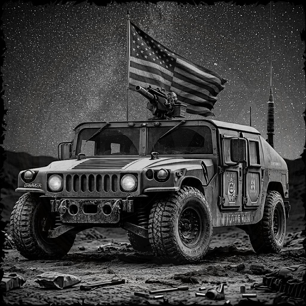 Military vehicle with an American flag on a rocky terrain under a starry sky.