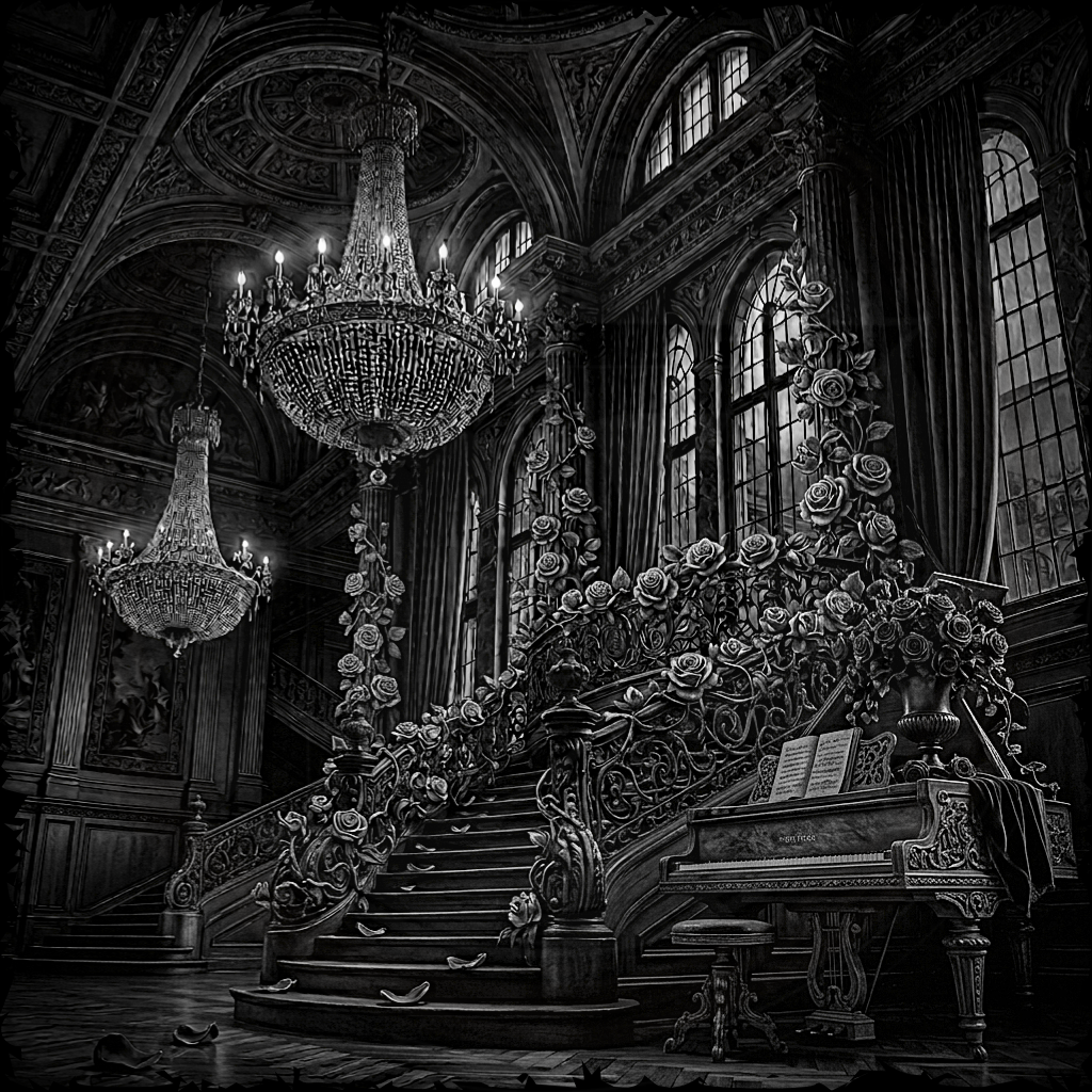 Ornate interior with chandeliers, floral arrangements, and a piano.