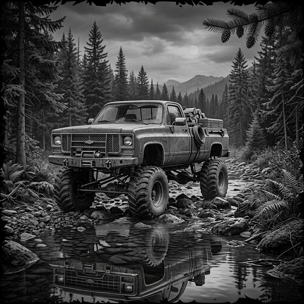 Vintage truck with large wheels on a forest road