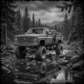 Vintage truck with large wheels on a forest road
