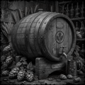 Wooden barrel with a tap, surrounded by hops and a mug, in a rustic setting.