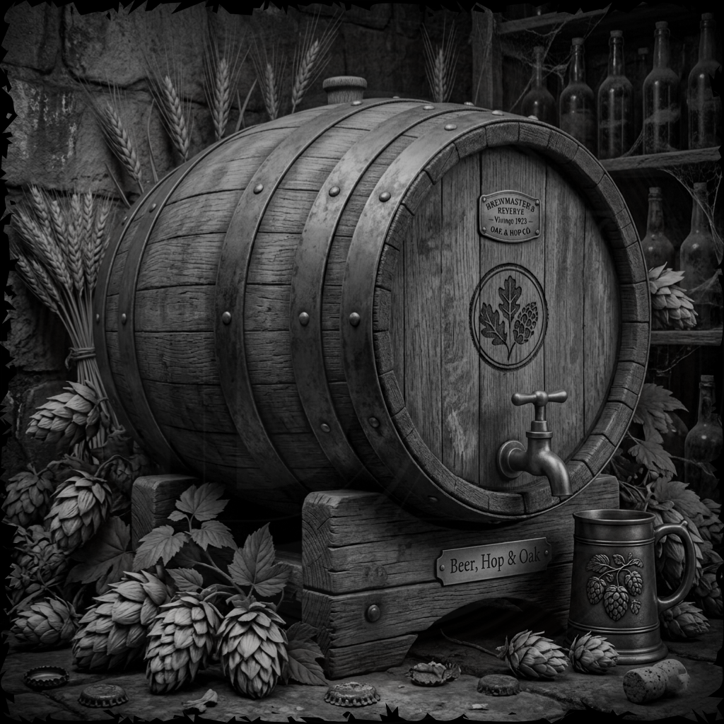 Wooden barrel with a tap, surrounded by hops and a mug, in a rustic setting.