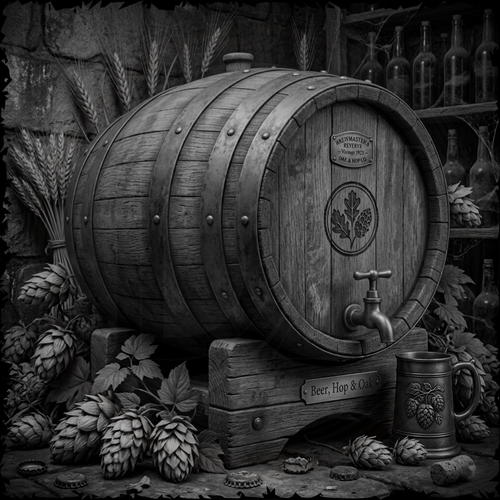 Wooden barrel with a tap, surrounded by hops and a mug, in a rustic setting.
