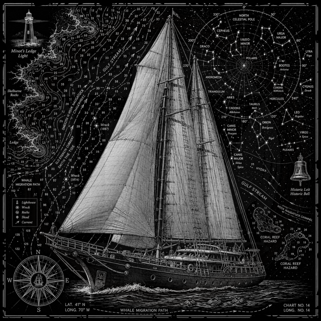Sailboat illustration on a nautical chart with constellations and lighthouses.
