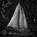 Sailboat illustration on a nautical chart with constellations and lighthouses.