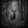 Stag in a forest with a dark, moody atmosphere