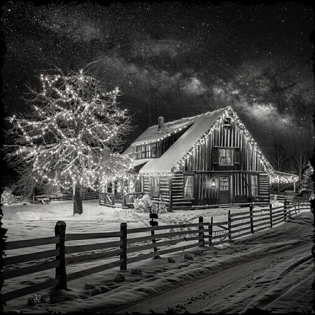 Log cabin at night with starry sky and snow-covered ground
