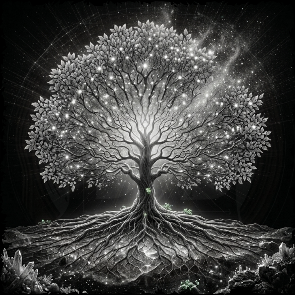 Black and white illustration of a tree with roots and glowing leaves against a dark background